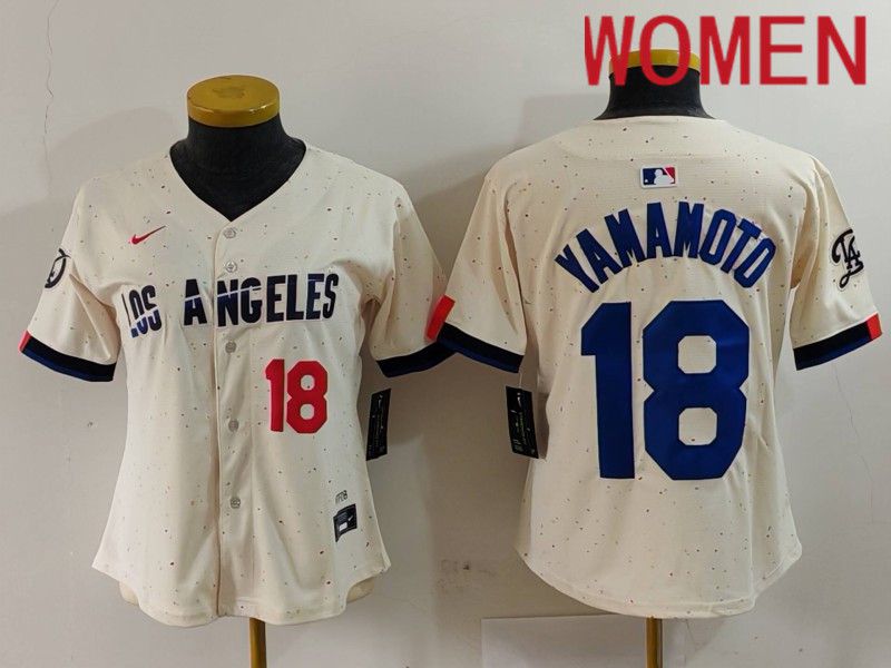Women Los Angeles Dodgers #18 Yamamoto Cream Fashion Nike Game MLB Jersey style 7012->women mlb jersey->Women Jersey
